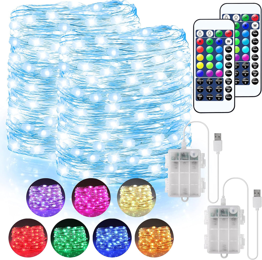 OMIKA 2 Pack 16.4ft 50 LED 16 Colors Battery Operated & USB Powered Fairy Lights, with Remote Waterproof LED String Lights for Bedroom Garden Patio Party Indoor Outdoor Decor(132 Modes)