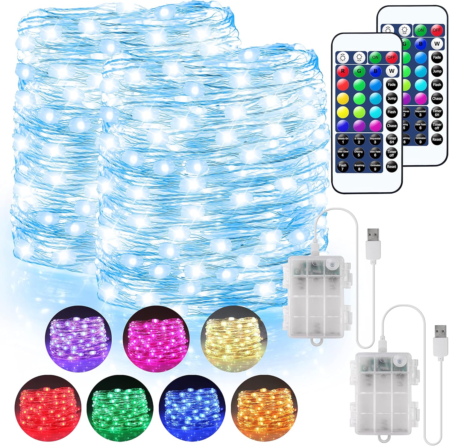 OMIKA 2 Pack 16.4ft 50 LED 16 Colors Battery Operated & USB Powered Fairy Lights, with Remote Waterproof LED String Lights for Bedroom Garden Patio Party Indoor Outdoor Decor(132 Modes)
