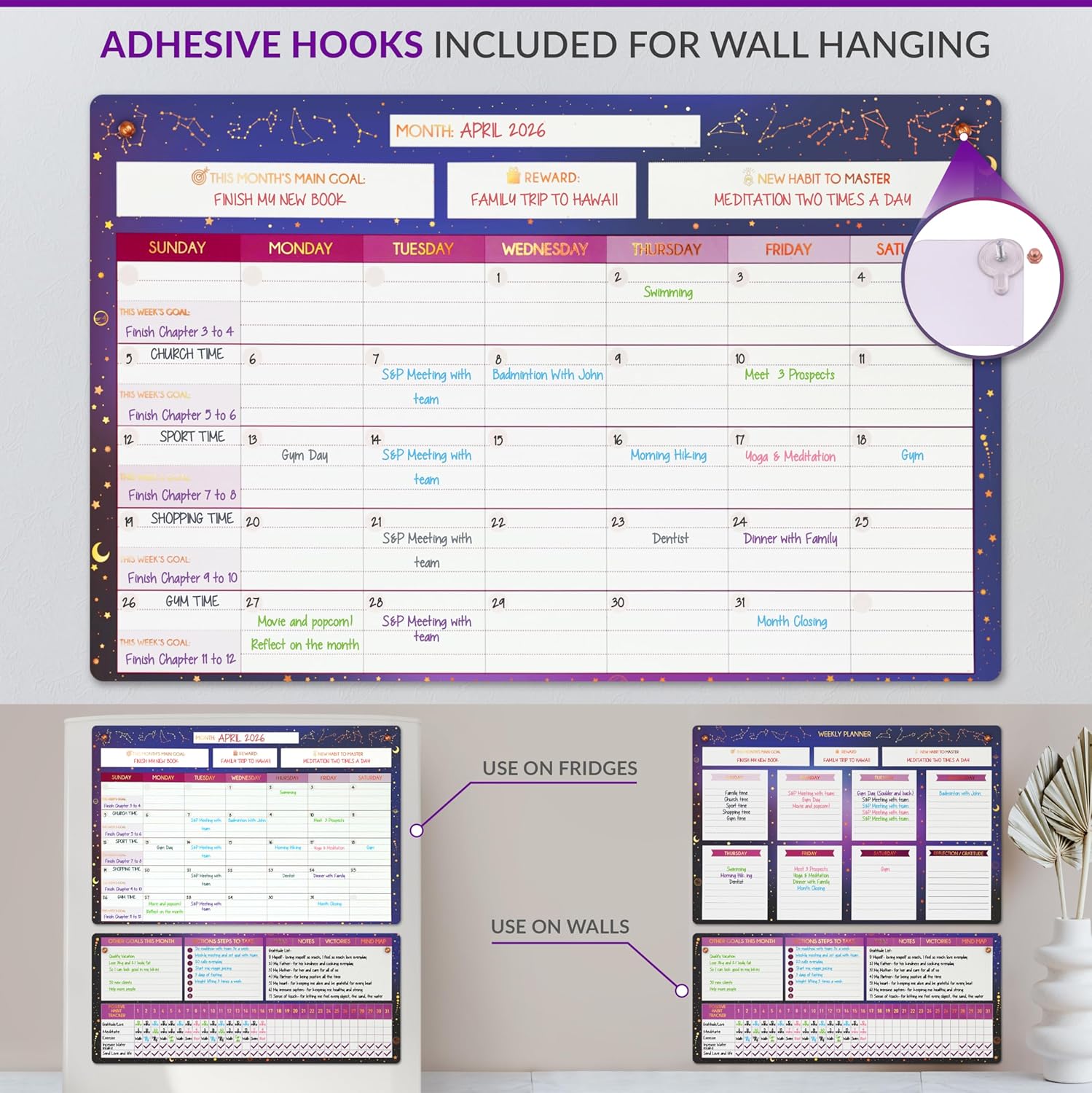Magnetic Whiteboard for Fridge - Large Dry Erase Calendar for Wall | 2 Magnetic Dry Erase Board 10.5" x 16.5" & 7" x 16.5", Monthly Goal Setting & Habit Tracker, 5 Markers and 6 Adhesive Hooks