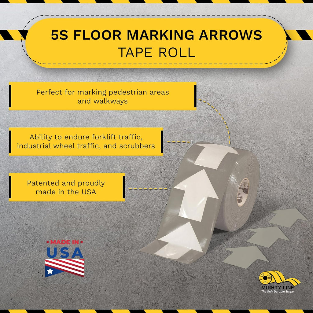 Mighty Line 5.5" Wide Solid Arrows Roll, Directional Sticker Sign Floor Marking Tape for Safety, Caution, Warning, Heavy-Duty, Peel and Stick, Adhesive, Industrial Quality, Gray, Pack of 200