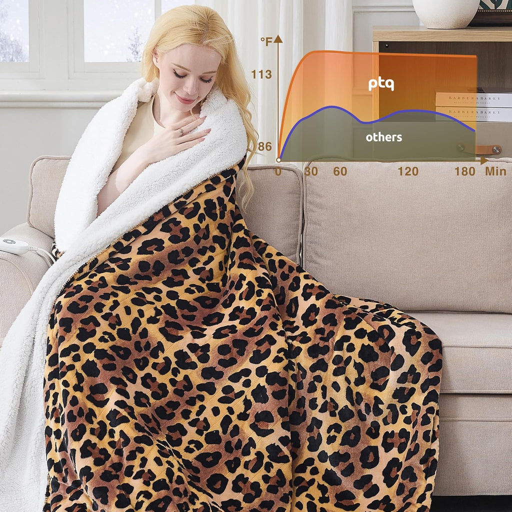 Heated Throw Blanket 50"x60", Electric Blanket with 6 Heat Settings & 1-12H Timer, Cozy Soft Flannel Sherpa, Machine Washable, Warm Gift for Women, Leopard