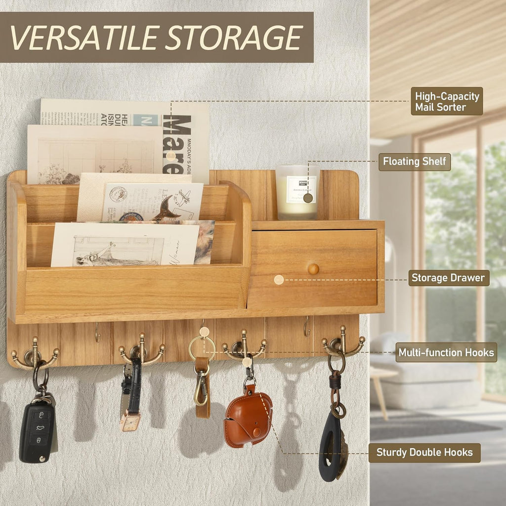 Rebee Vision Key Holder Wall Mount with Mail Organizer - Modern Farmhouse Key and Mail holder for Wall with Wall Hooks and Drawer - Apartment Essentials for Home Decor Aesthetic(Light Brown)