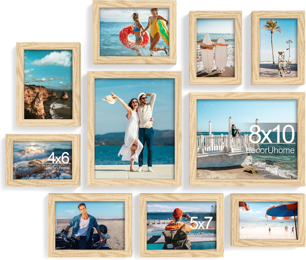 decorUhome Picture Frames Collage Wall Decor for Photo Gallery Display, Assorted Picture Frames set of 10 Including Two 8x10 / Four 5x7 / Four 4x6 for Family Wall Decor, Natural, 10 Pack