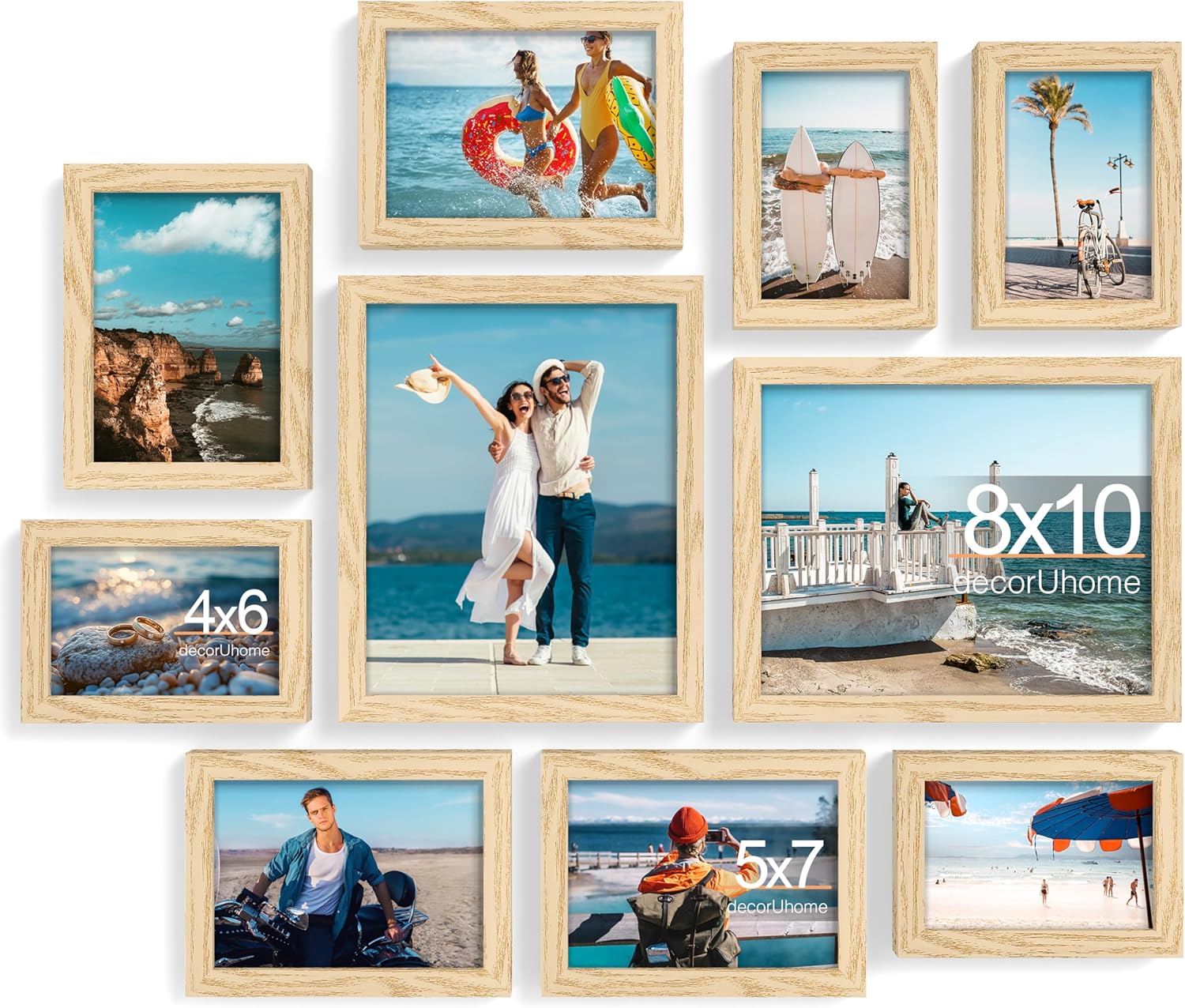 decorUhome Picture Frames Collage Wall Decor for Photo Gallery Display, Assorted Picture Frames set of 10 Including Two 8x10 / Four 5x7 / Four 4x6 for Family Wall Decor, Natural, 10 Pack
