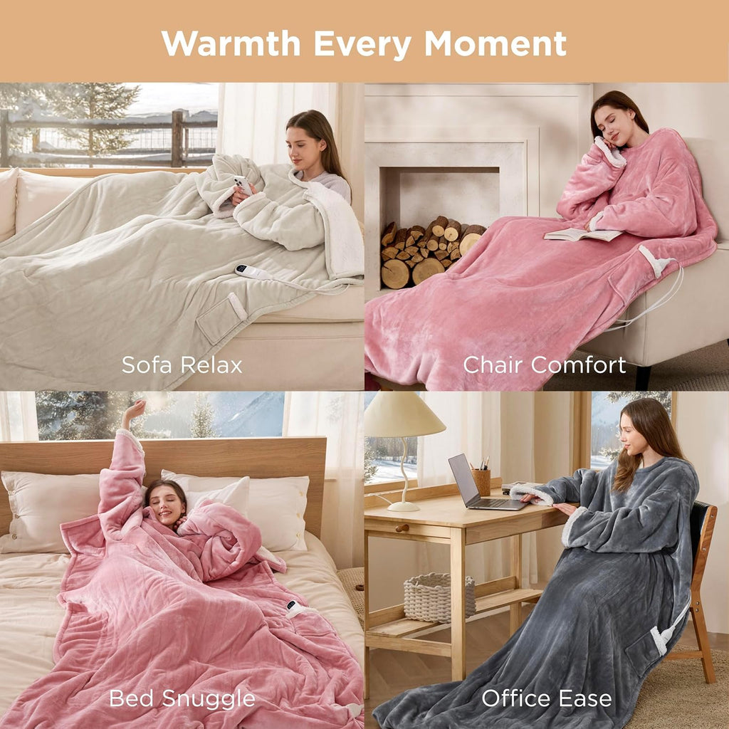 Bedsure Wearable Heated Blanket with Foot Pocket - Electric Snuggle Blanket for Adult with Sleeves, Winter Gifts for Mom Women Girlfriend, Warm Sherpa Heating Throw, Auto Shut Off, 50 x 71+18", Cream