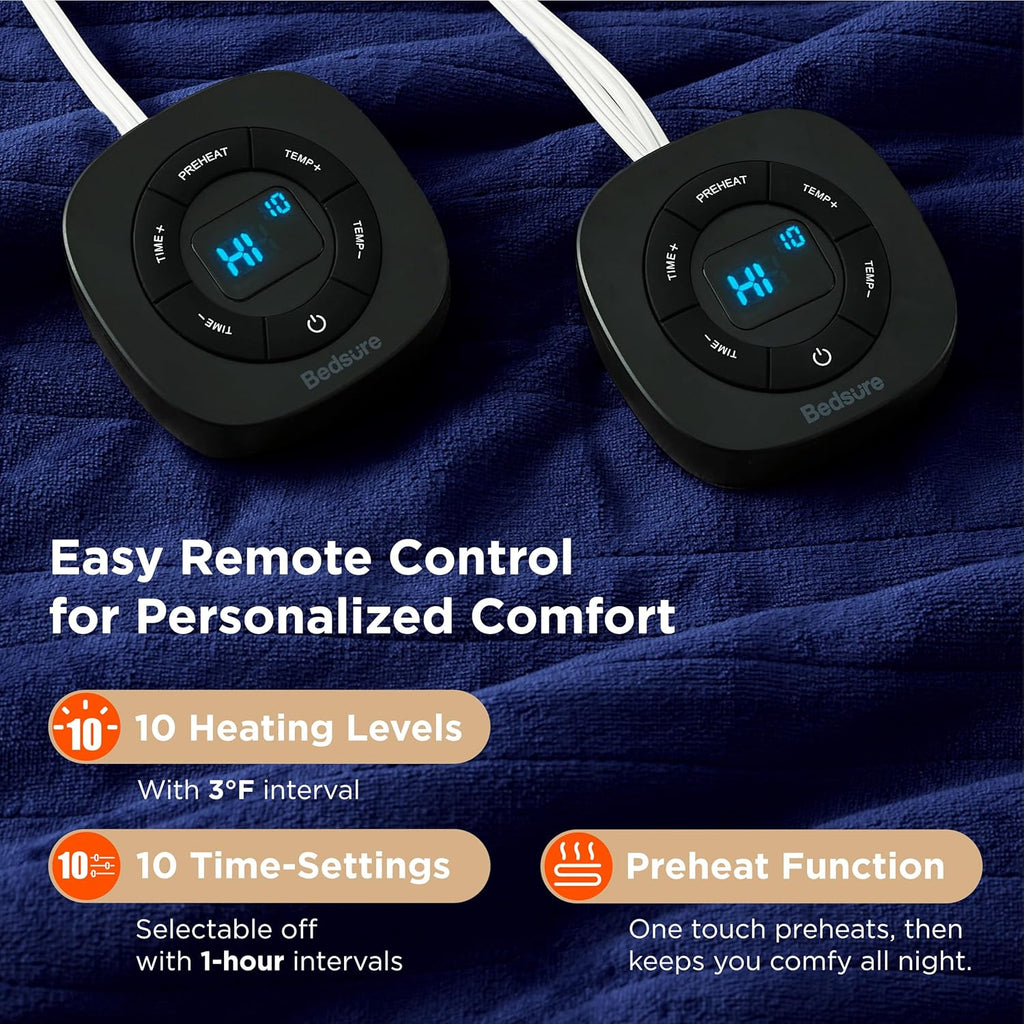 Bedsure Electric Blanket Queen Size - Dual Control Heated Blanket Queen, Fast Heating with 10 Time Settings & 10 Heat Settings, Warm Gift for Grandma (84x90 inches, Pageant Blue)