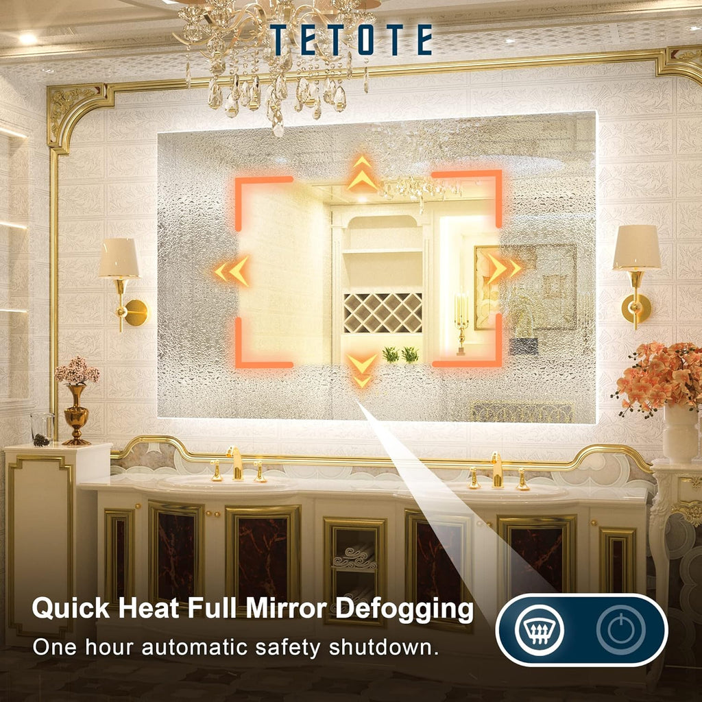 TETOTE 60 x 40 LED Backlit Bathroom Mirror with Light,3 Color White/Warm/Natural,Anti-Fog Lighted Mirror,Dimmable,Vanity Mirror,Wall Mounted