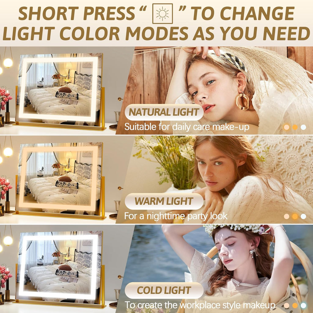 ROLOVE Vanity Mirror with Lights 22"x18", Lighted Makeup Mirror with 10X Magnification, Smart Touch 3 Colors Dimmable, 360° Rotation, Women Gift, Dresser Mount, Bathroom (Gold)