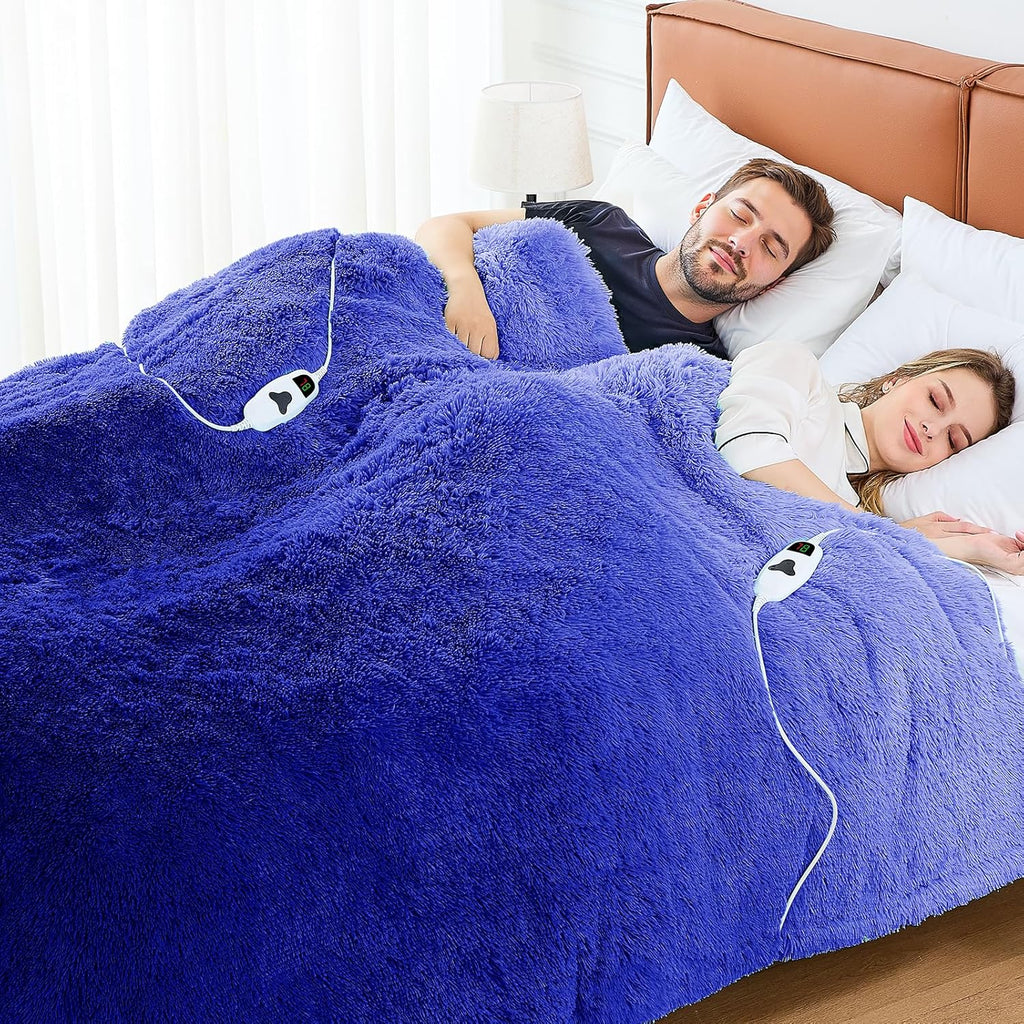 Heated Electric Blanket Queen–Faux Fur with Soft Thick SherpaWarm Winter Birthday Gifts for Women Grandma,Dual Control,10 Heat Settings,5 Time Settings, 84x90, Glacier Blue