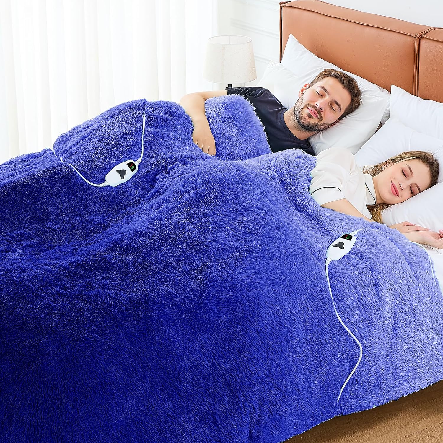 Heated Electric Blanket Queen–Faux Fur with Soft Thick SherpaWarm Winter Birthday Gifts for Women Grandma,Dual Control,10 Heat Settings,5 Time Settings, 84x90, Glacier Blue