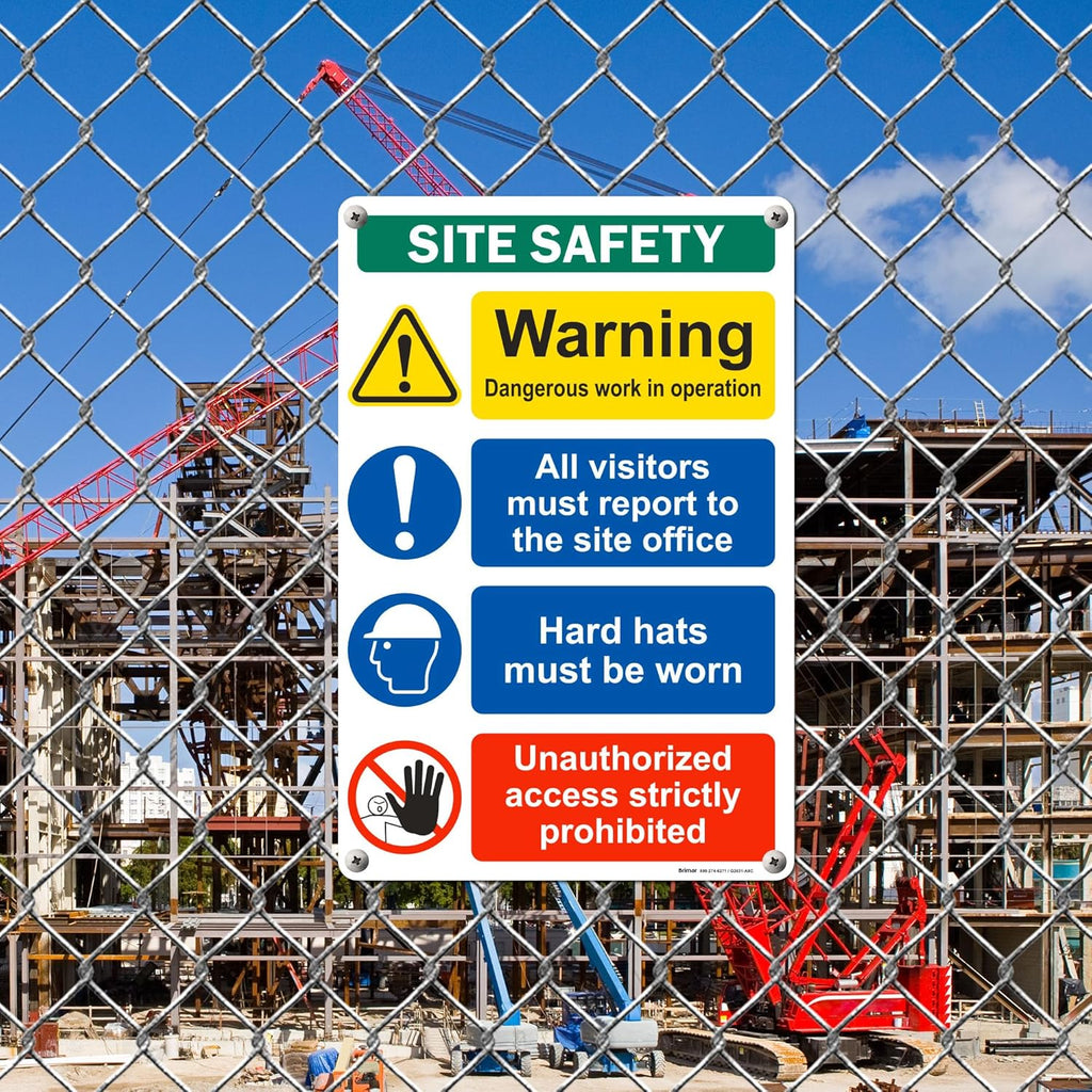 Brimar - 12" x 18" - Construction Site Safety Sign - .063″ White Rust-Free Aluminum - Bold Text - Easy Installation