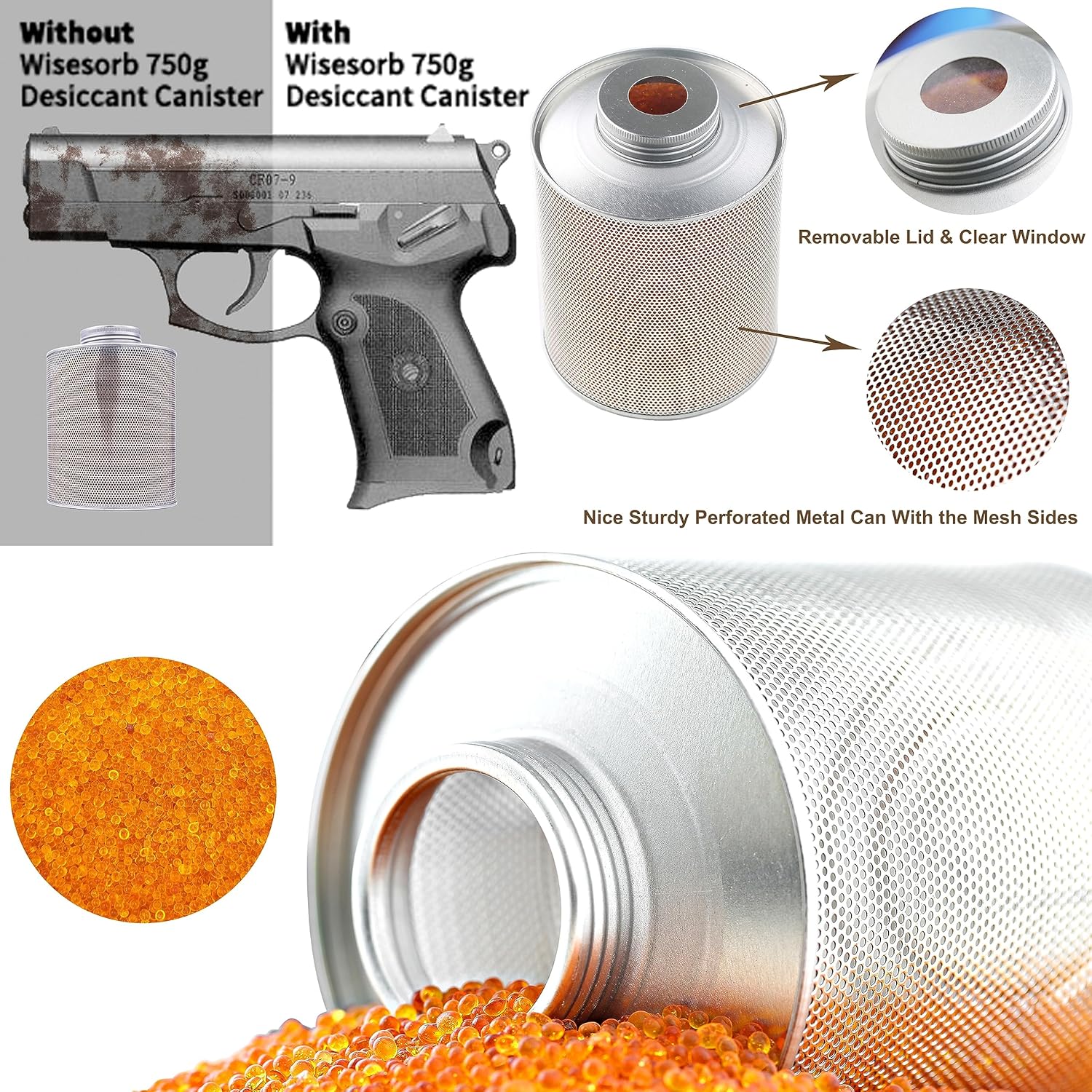 750 Grams 6pcs Gun Safe Dehumidifier, Reusable Canister Desiccant Dehumidifier, Rechargeable 1.65 Lbs Indicating Silica Gel Orange To Green