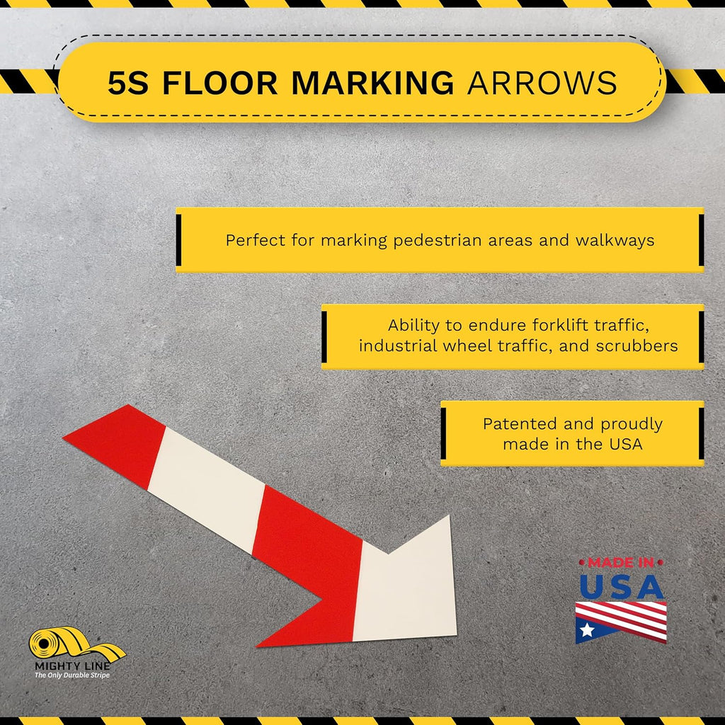 Mighty Line Solid Arrows Directional Sticker Sign Floor Marking Tape for Safety, Caution, Warning, Heavy-Duty, Peel and Stick Adhesive, Industrial Quality, White and Red Chevron, 10"x6", 50 Pack