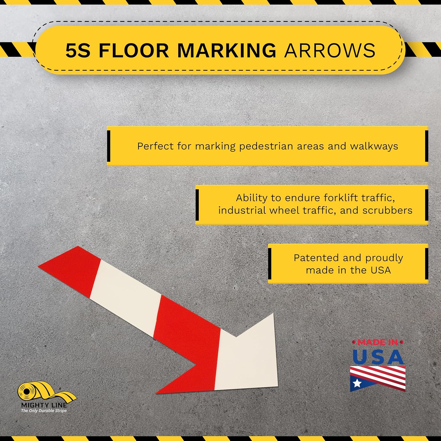 Mighty Line Solid Arrows Directional Sticker Sign Floor Marking Tape for Safety, Caution, Warning, Heavy-Duty, Peel and Stick Adhesive, Industrial Quality, White and Red Chevron, 10"x6", 50 Pack