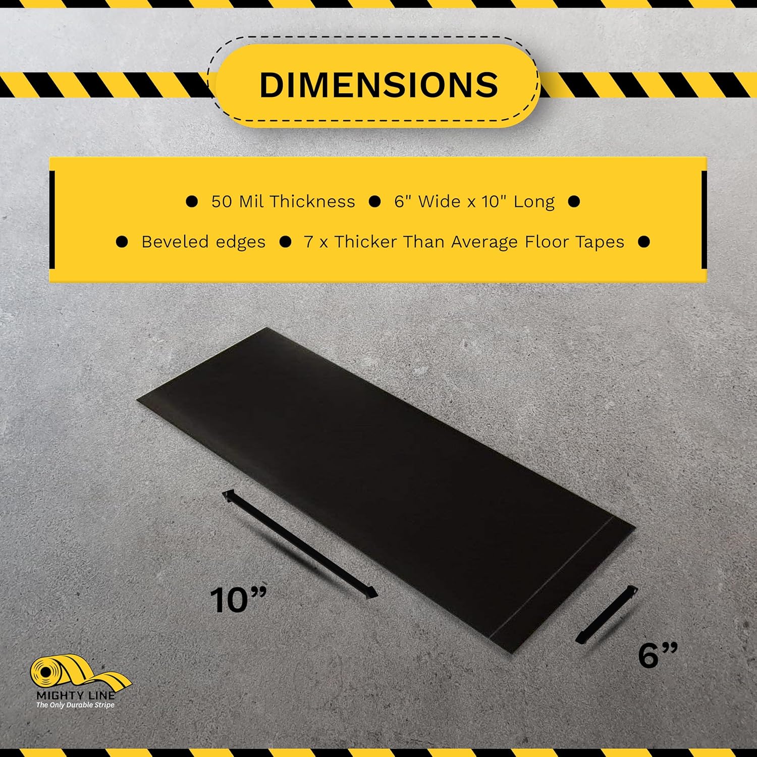 Mighty Line Floor Marking Tape Strips for Safety, Caution, Warning, Heavy-Duty, Peel and Stick, Adhesive, Industrial Quality, Black, 6" by 10"