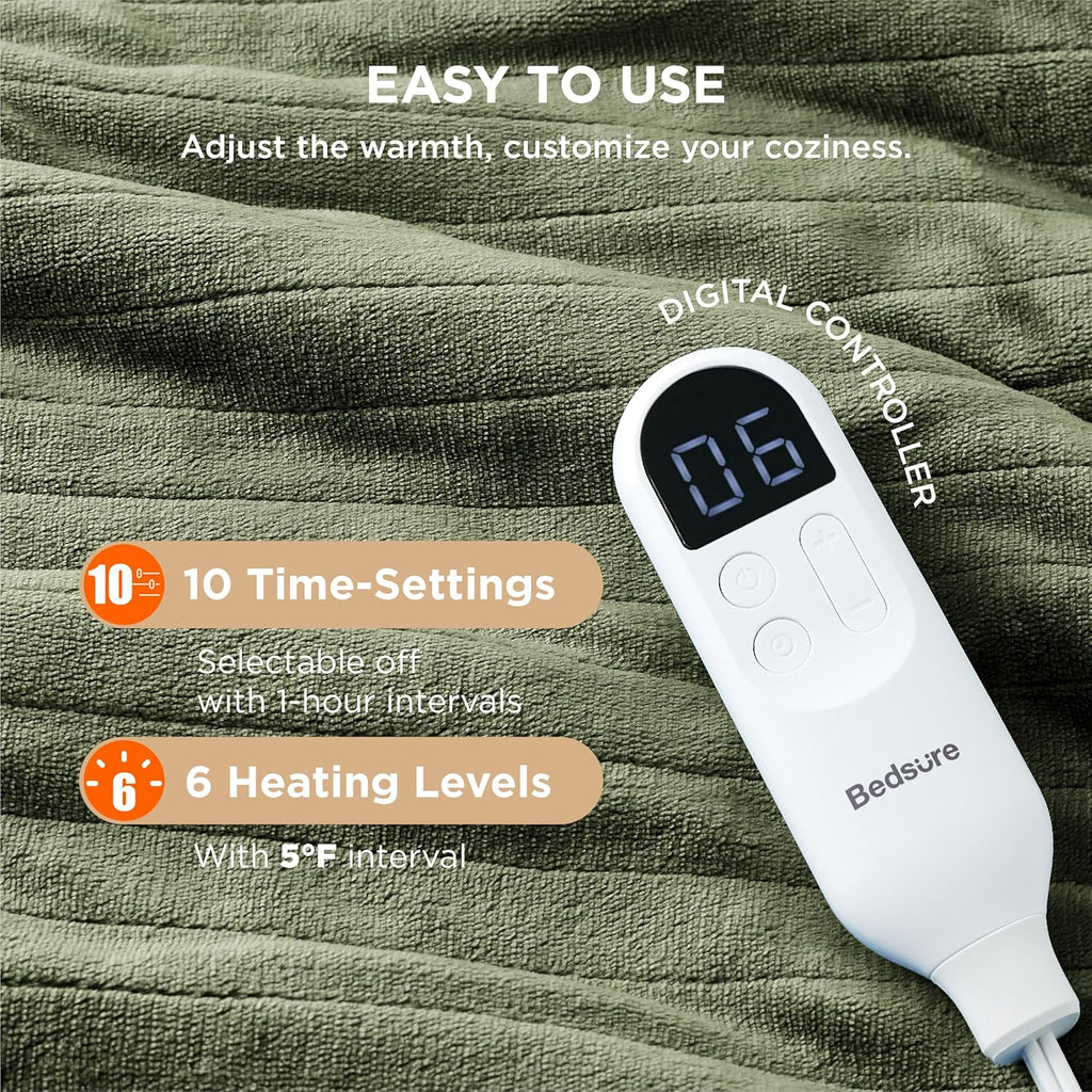 Bedsure Electric Blanket Twin - Soft Flannel Heated Blanket, Fast Heating with 10 Time Settings & 6 Heat Settings, Warm Gift for Grandma (62x84 inches, Olive Green)