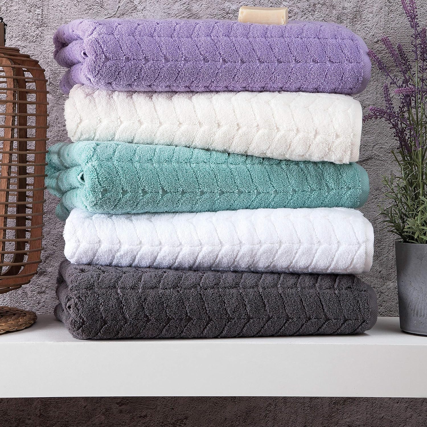 BAGNO MILANO Turkish Bath Towels, Soft Plush Jacquard Luxury Bath Towels, Quick Dry Towel Set (Lavender, 6 pcs Towel Set)