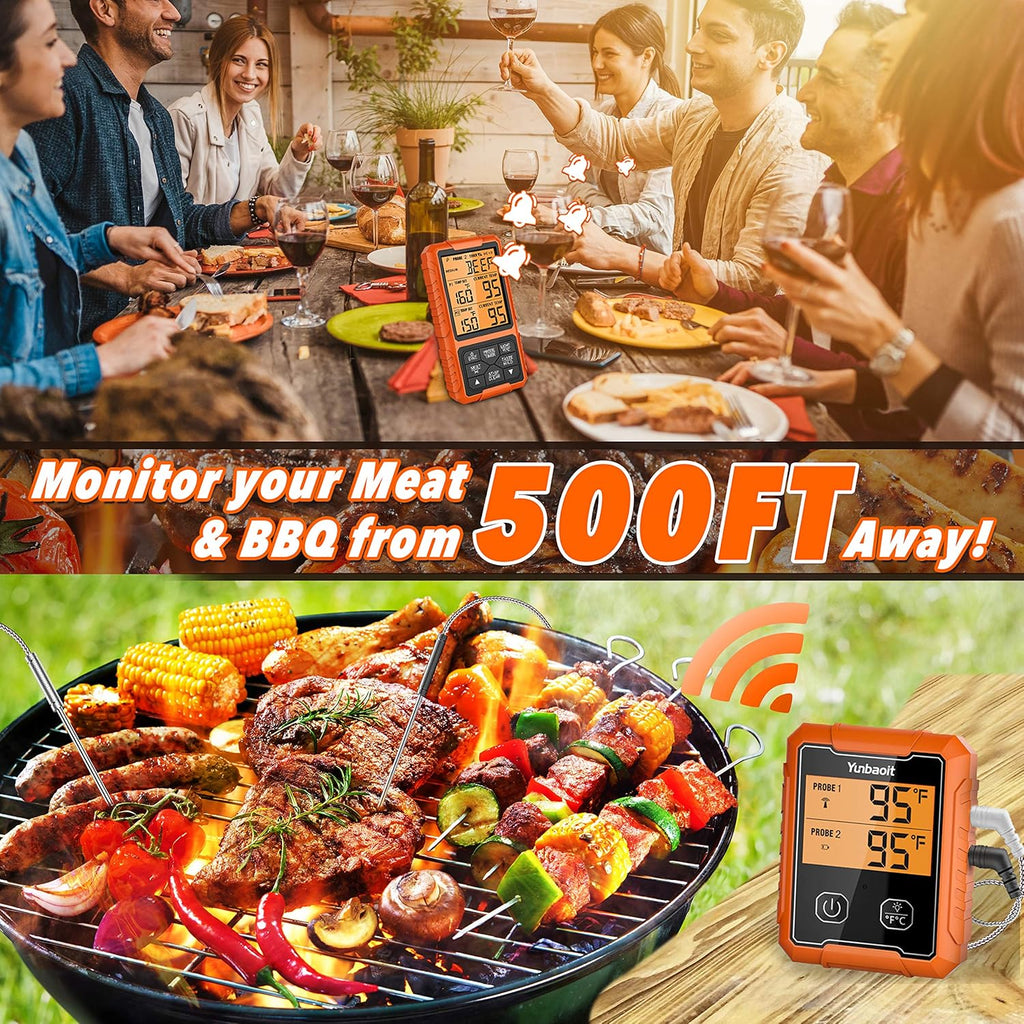 Yunbaoit Wireless Meat Thermometer, Digital Remote Food Cooking Meat Thermometer for BBQ Grill Smoker Oven Kitchen,500 FT Range&Dual Probes