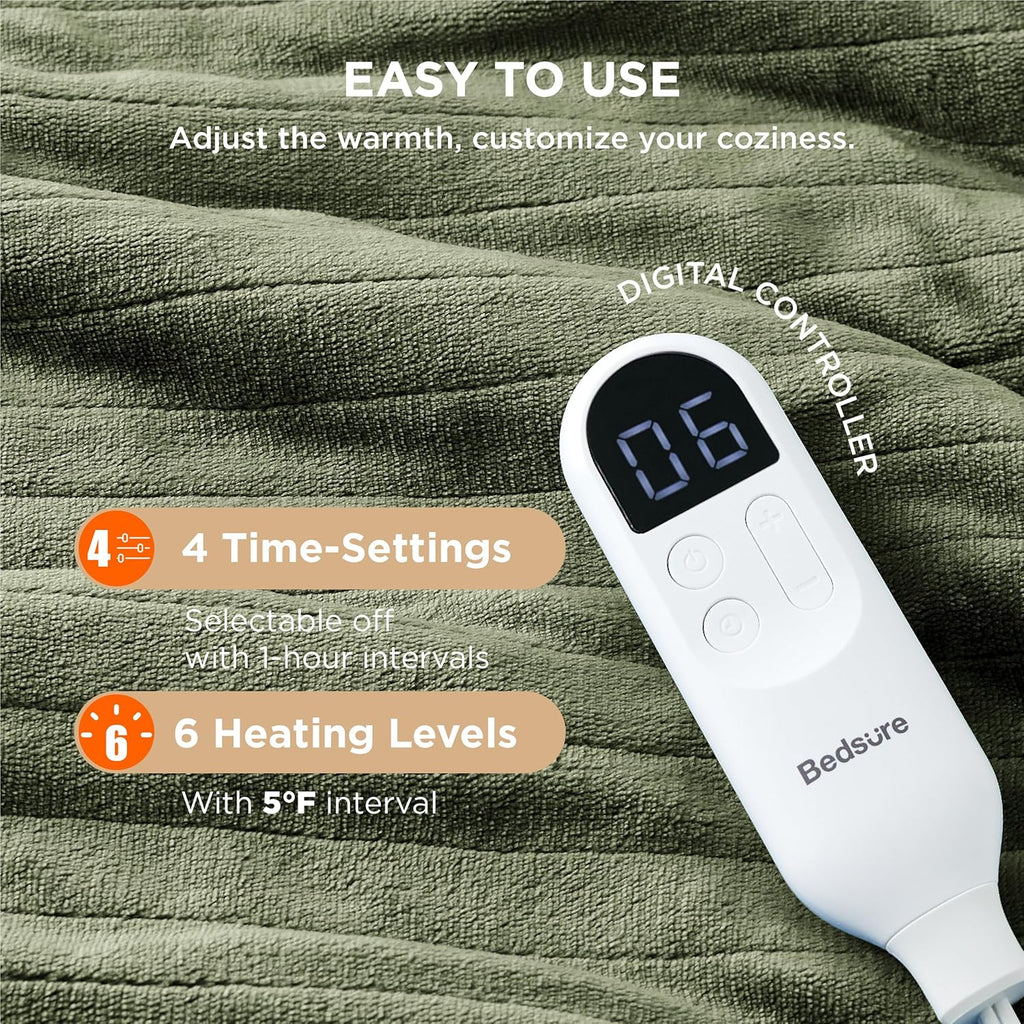 Bedsure Heated Blanket Throw Blanket - Fast Heating Electric Blanket, Soft Flannel Heated Throw with 4 Time Settings, 6 Heating Settings, Warm Gifts for Grandma (50x60 inches, Olive Green)
