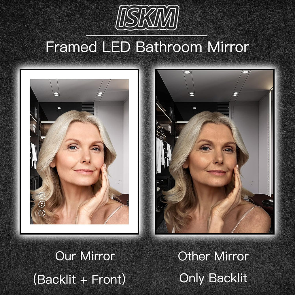ISKM Framed LED Mirror for Bathroom 36"x32", Dimmable LED Bathroom Mirror with Lights, Anti-Fog, Front and Backlit Lighted Mirror 3-Colors, Shatterproof, Memory Function
