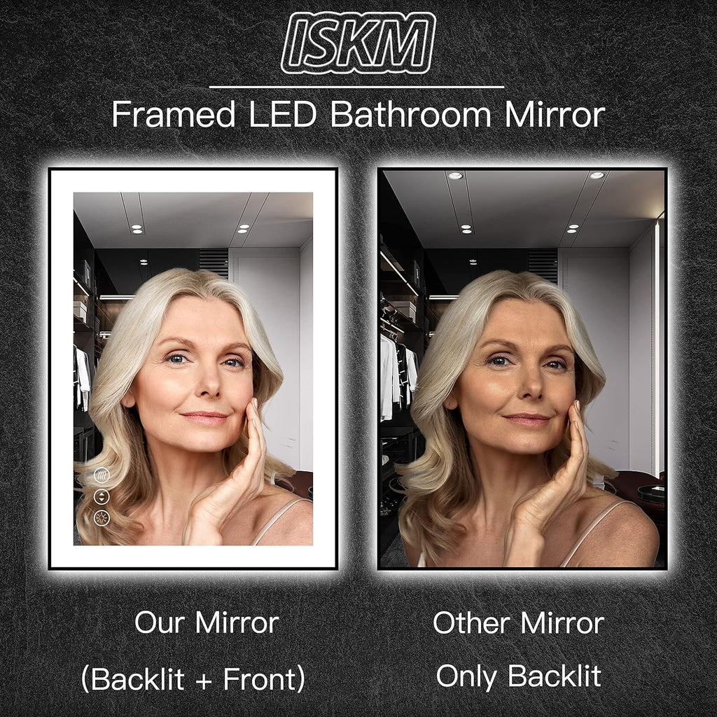 ISKM Framed LED Mirror for Bathroom 60"x38", Dimmable LED Bathroom Mirror with Lights, Anti-Fog, Front and Backlit Lighted Mirror 3-Colors, Shatterproof, Memory Function